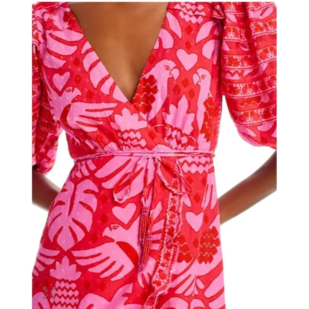 Farm Rio Jungle Scarf Wrap Midi Dress Pink Red Size XL New With Tags - Picture 7 of 11